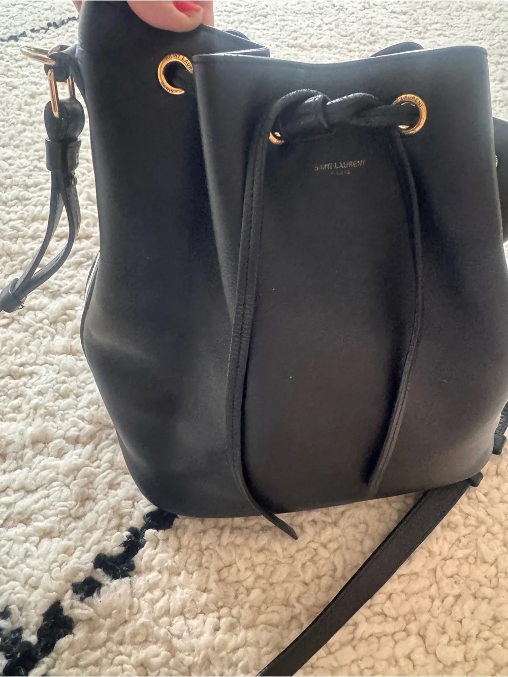 Saint Laurent Black Leather Drawstring Hobo with Gold-Tone Hardware